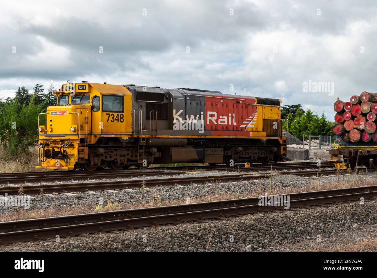 Locomotiva KiwiRail in un cantiere con legname caricato su carri a Masterton, Wairarapa, Nuova Zelanda. General Motors Classe DF diesel loco elettrico Foto Stock