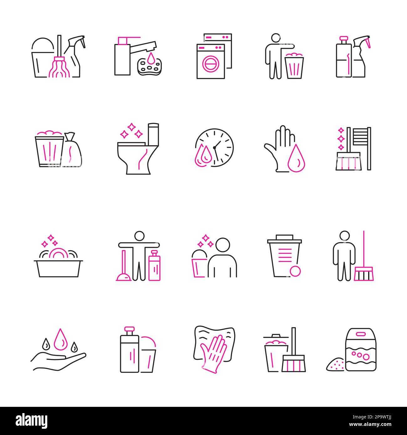 Servizio di pulizia della casa. Icone di pulizia. Attrezzature più pulite come straccio e guanti. Flacone di detergente. Scopa o spazzolone. Asciugabiancheria. App. Tempo lavaggio Spugna saponata. Set di pittogrammi vettoriali per le operazioni di housekeeping Illustrazione Vettoriale