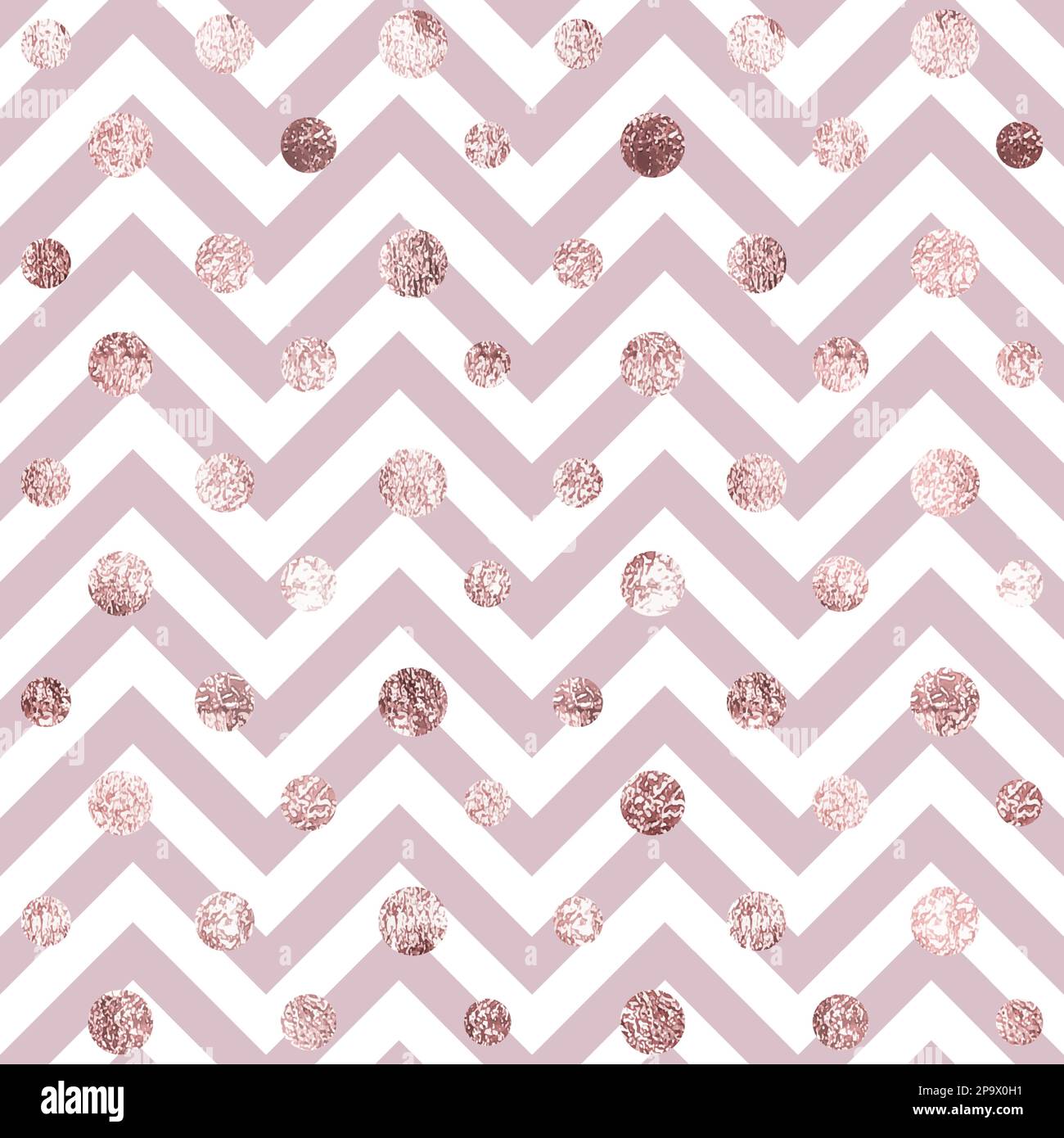 Foglio rosa senza cuciture. Puntini oro rosa. Motivo a zigzag Chevron. Punto irregolare scintilla. Le rose dorate spargono i punti di glitter. Cerchi casuali di moda Illustrazione Vettoriale