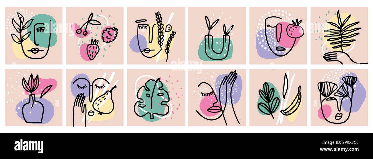 Linea astratta arte volti, foglie e fiori. Persone moderne ritratto, bellezza donna testa, doodle personaggi. Biglietti quadrati o poster. Set di icone grafiche vettoriali per forme e linee colorate minimal Illustrazione Vettoriale