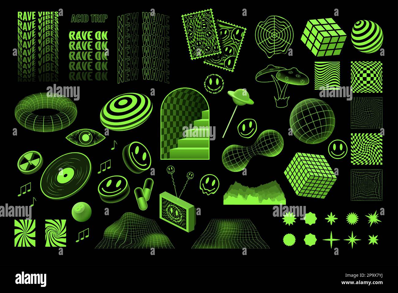 Y2K forme a griglia, strutture a reticolo geometriche. Cool acid rave frame, cyber e psichedelico retrò neon techno art Elementi decorativi isolati. Design moderno e futuristico. Elementi geometrici alla moda. Pattern vettoriale Illustrazione Vettoriale