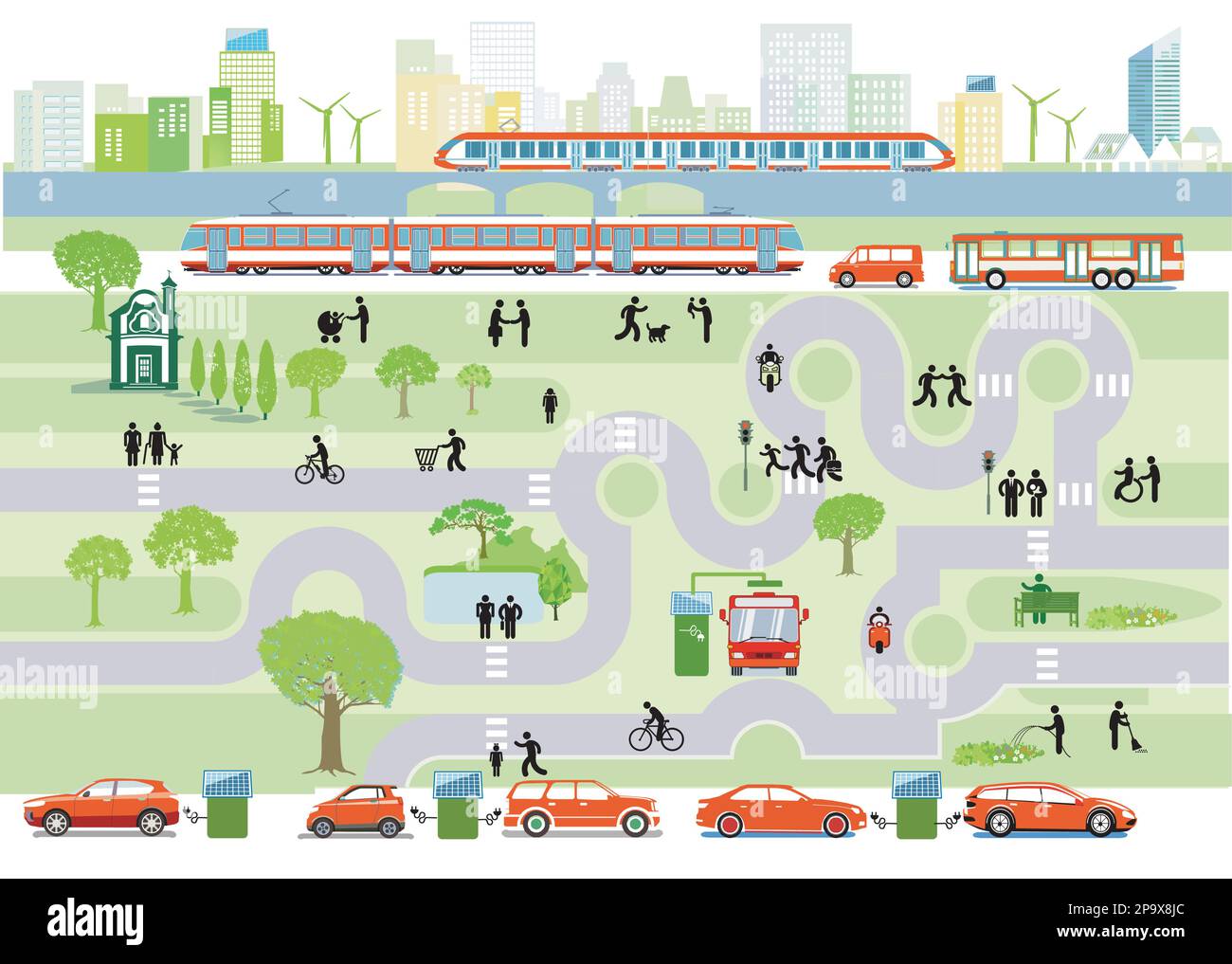 Città con traffico, parco e case panorama, informazioni illustrazione Illustrazione Vettoriale