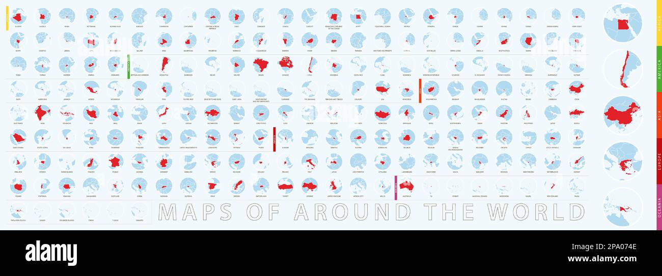 Serie di mappe circolari del mondo, mappa blu con il paese evidenziato in rosso. Raccolta vettoriale. Illustrazione Vettoriale