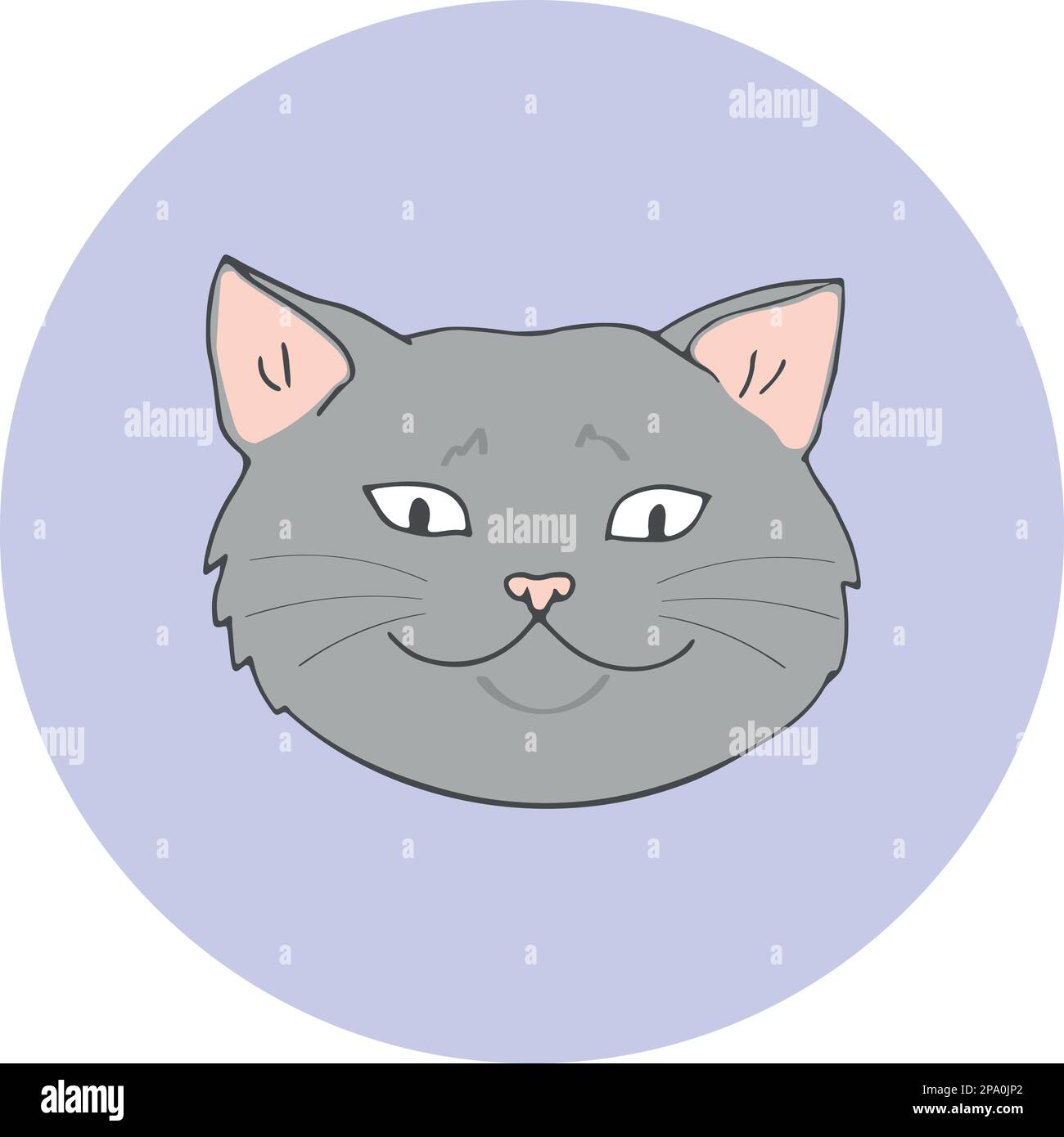 Cute British gatto faccia su sfondo rotondo blu. Testa di gatto disegnata a mano isolata. Semplice disegno per animali domestici per stampa, design e logo Illustrazione Vettoriale