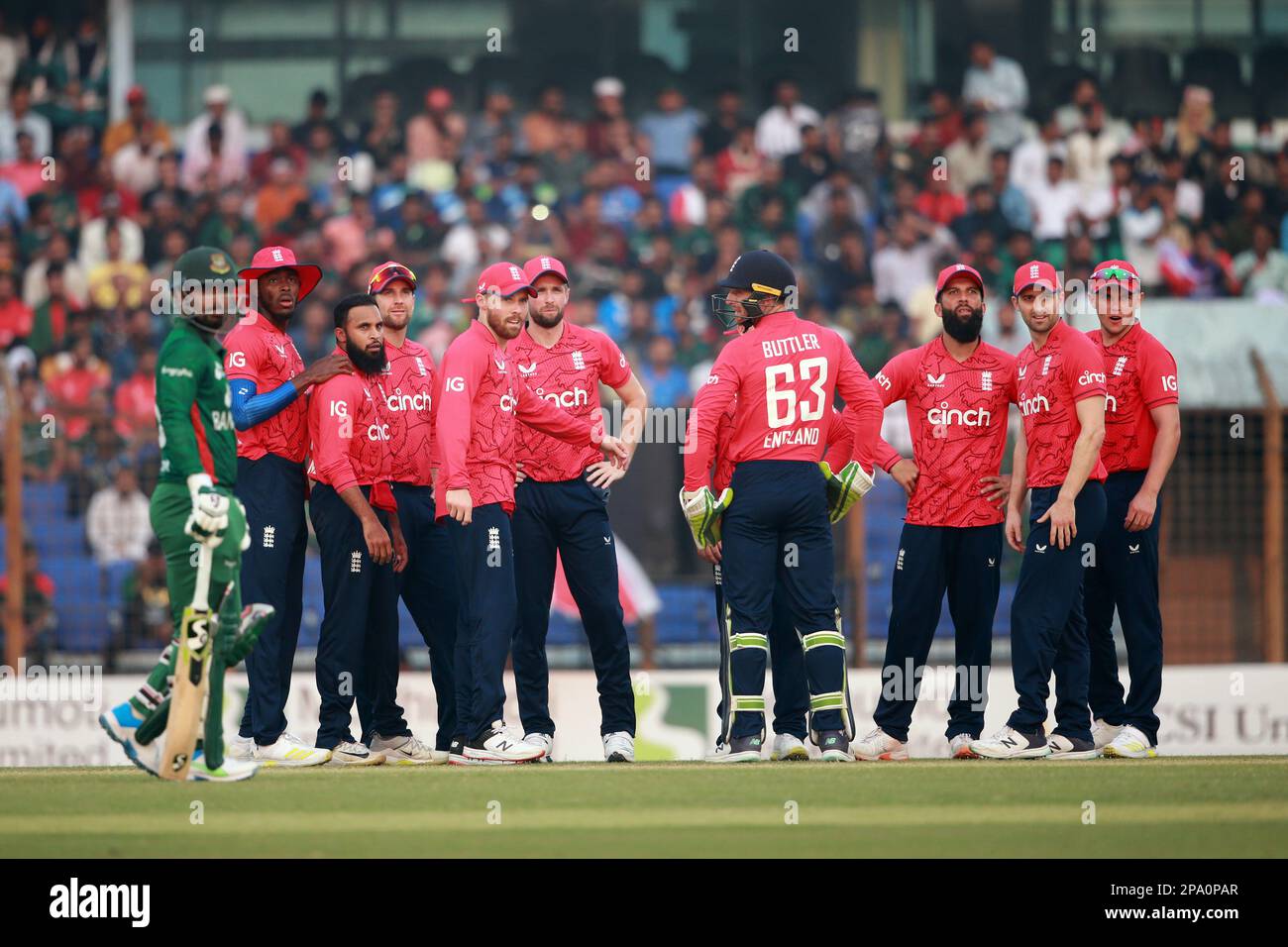 Bangladesh-Inghilterra 1st T20I partita di tre serie di partite allo stadio di cricket Zahur Ahmed Chowdhury, Sagorika, Chattogram, Bangladesh. Resto della partita Foto Stock