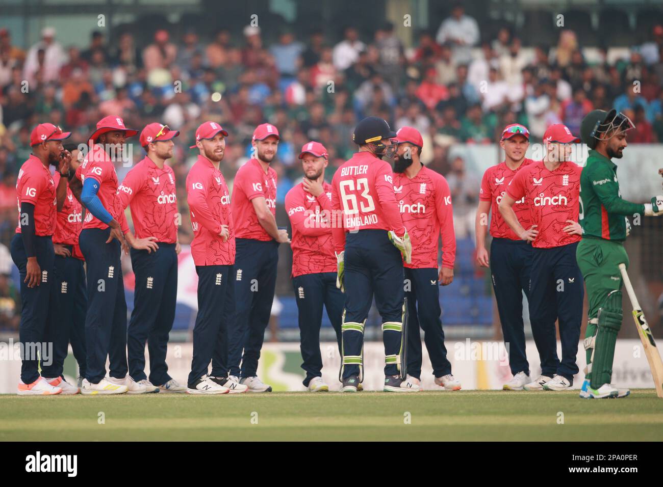 Bangladesh-Inghilterra 1st T20I partita di tre serie di partite allo stadio di cricket Zahur Ahmed Chowdhury, Sagorika, Chattogram, Bangladesh. Resto della partita Foto Stock