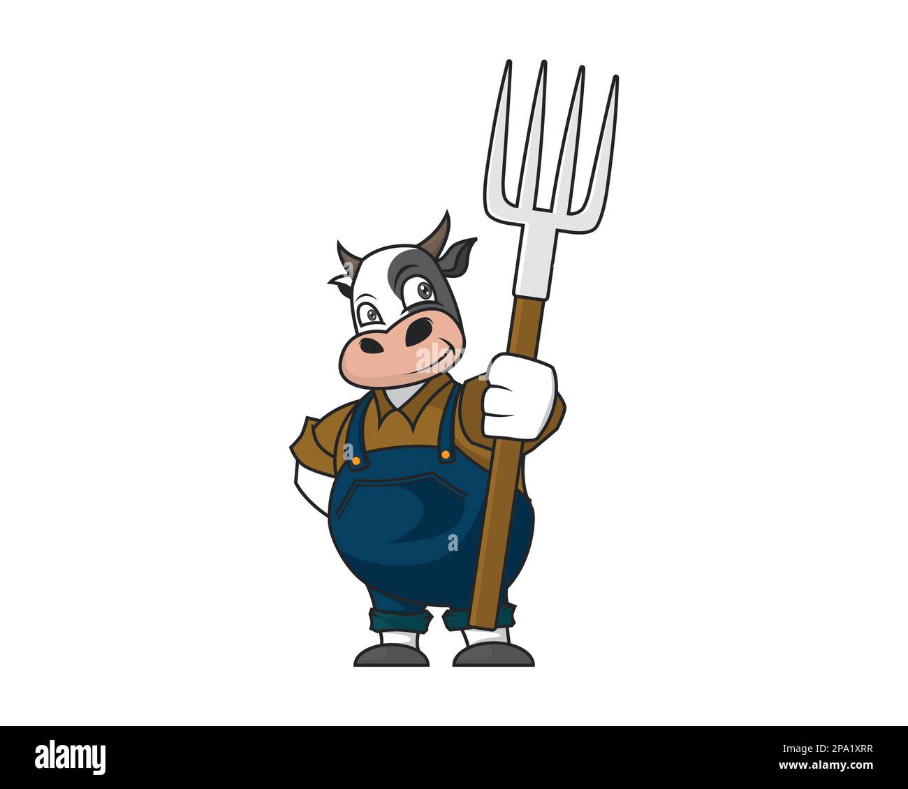 Coltivatore di mucca che indossa vestiti di coltivatore che tiene forcella di Spading Illustrazione. Visualizzato con stile Cartoon e semplice illustrazione Illustrazione Vettoriale