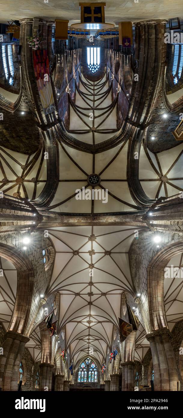 Panorama interno vertorama di soffitto restaurato, St Mary's Parish Church, Haddington, East Lothian, Scozia, Regno Unito Foto Stock