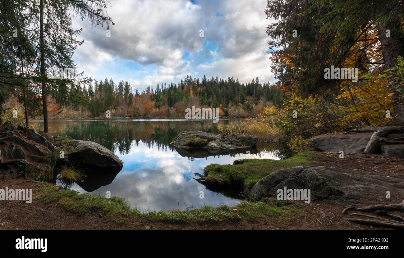 Il pittoresco lago di Cresta sulle montagne della Svizzera vicino a Flims nei Grigioni in una bella giornata autunnale con foglie colorate e alberi e. Foto Stock