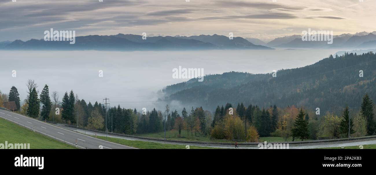 Una vista panoramica delle creste di montagna in un cielo chiaro e vistoso con la foresta di colore autunno e una strada di montagna tortuosa e binari davanti e molti Foto Stock