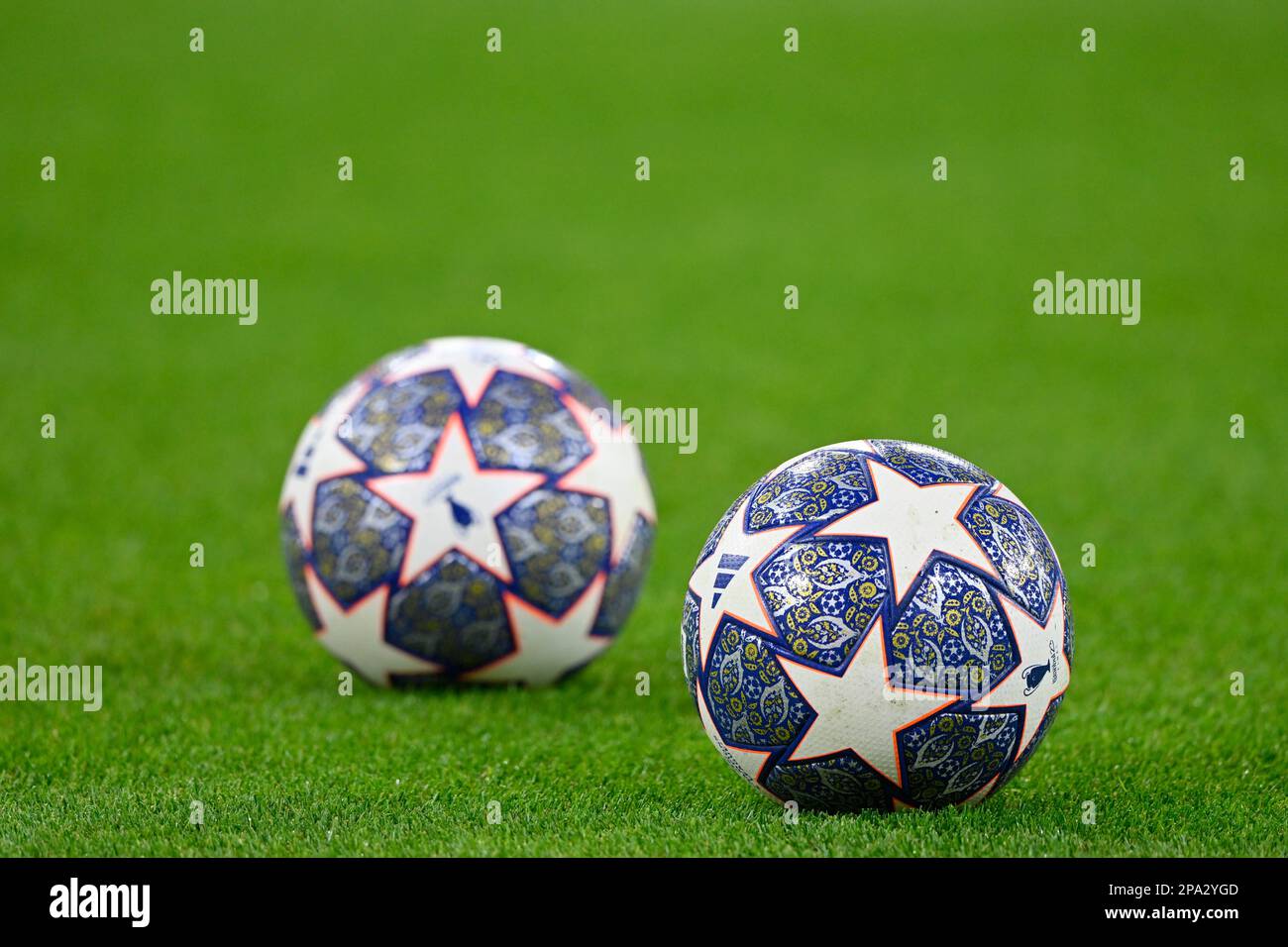 Palla ufficiale Adidas UCL PRO CL, si trova sull'erba, Champions League match, Allianz Arena, Monaco, Bayern, Germania Foto Stock
