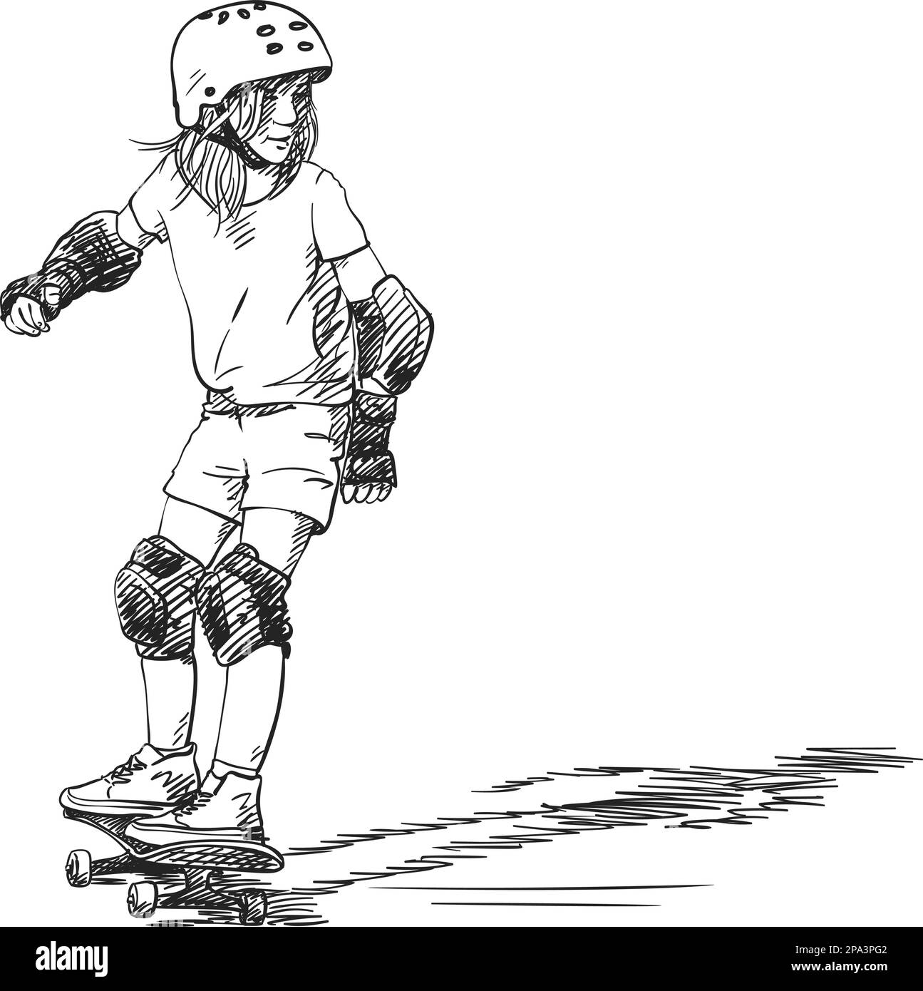 Sketch di ragazza skateboarder in piena protezione e casco cavalcando su skateboard, disegno a mano hatched sfumature vettoriali isolato su sfondo bianco Illustrazione Vettoriale