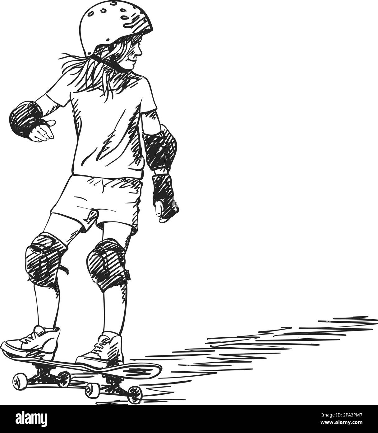 Sketch di ragazza skateboarder in piena protezione e casco cavalcando su skateboard, disegno a mano hatched sfumature vettoriali isolato su sfondo bianco Illustrazione Vettoriale