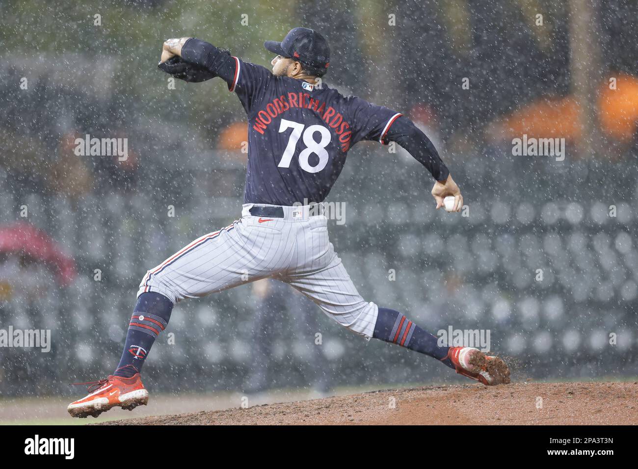 10 marzo 2023, Sarasota FL USA; il lanciatore dei Minnesota Twins Simeon Woods Richardson (78) durante una partita di allenamento primaverile della MLB Baltimore Orioles a ed Smit Foto Stock