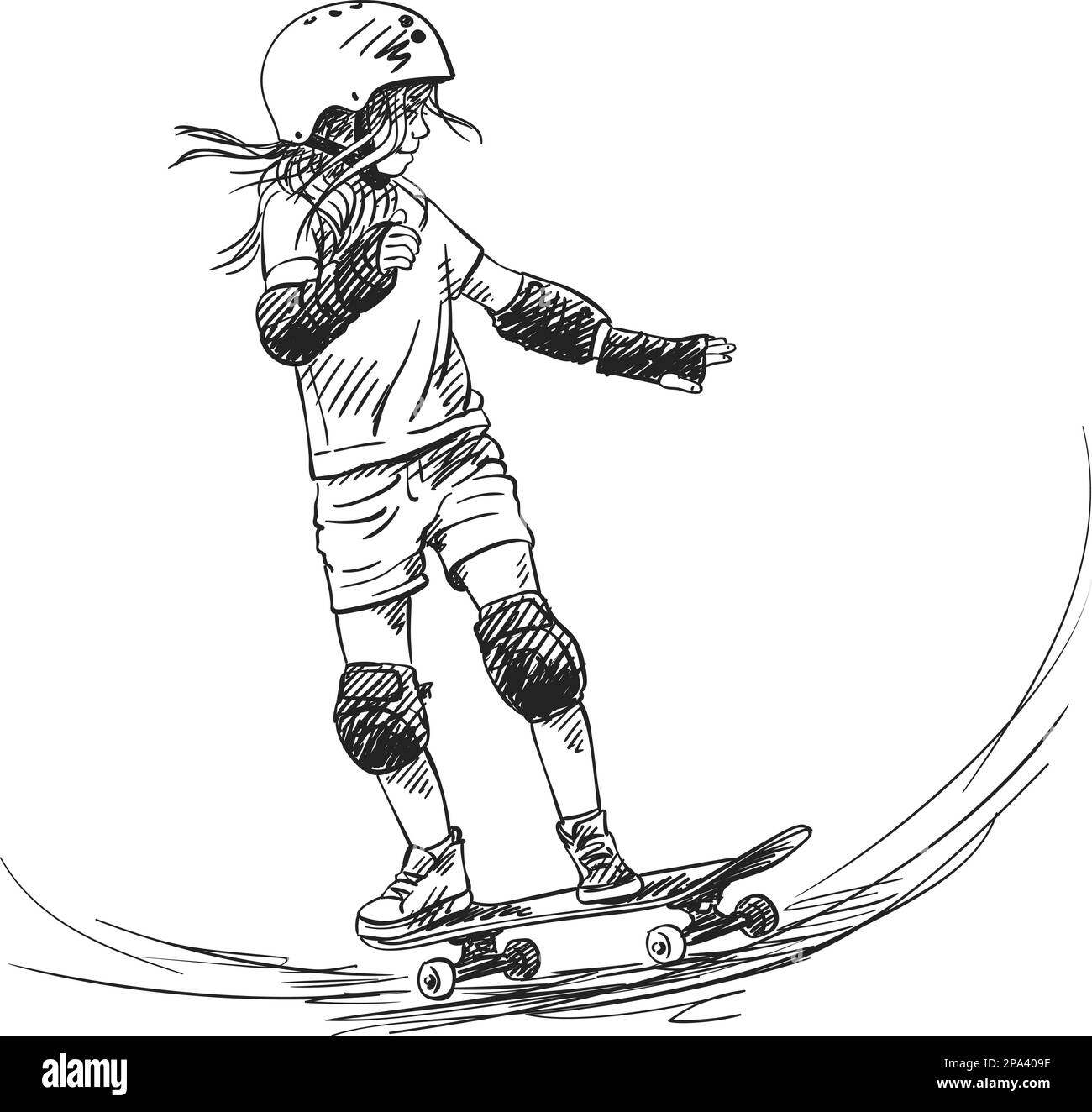 Sketch di ragazza skateboarder con lunghi capelli in sella a skateboard in piena protezione e casco in skate Park, disegnata a mano nuance vettore illustra Illustrazione Vettoriale