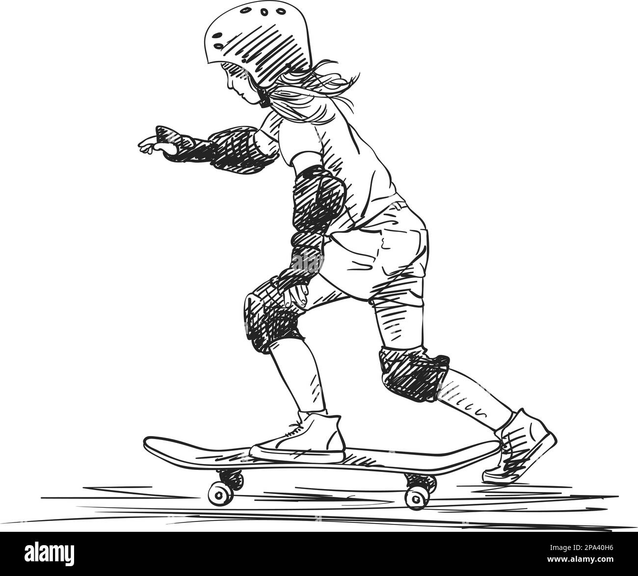 Sketch di ragazza skateboarder in piena protezione e casco cavalcando su skateboard, disegno a mano hatched sfumature vettoriali isolato su sfondo bianco Illustrazione Vettoriale
