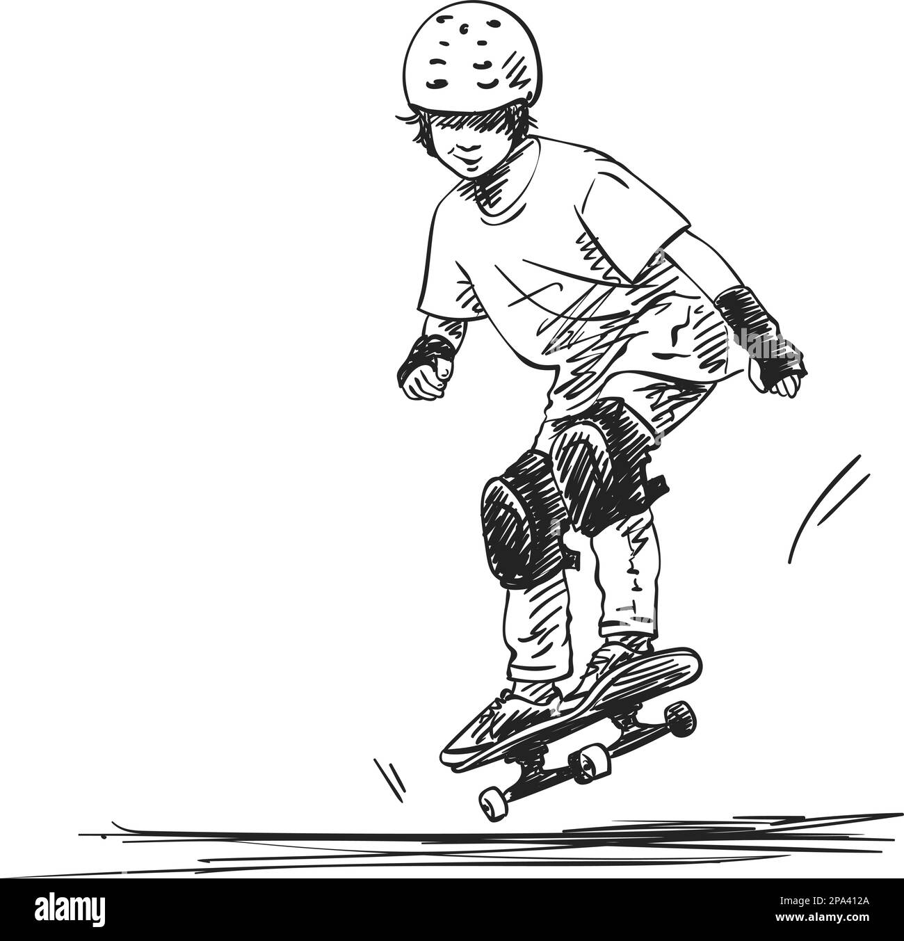 Schizzo dello skateboarder ragazzo in piena protezione e casco in sella allo skateboard nello skate Park, disegno a mano di sfumature tratteggiate vettore illustrazione isolata Illustrazione Vettoriale