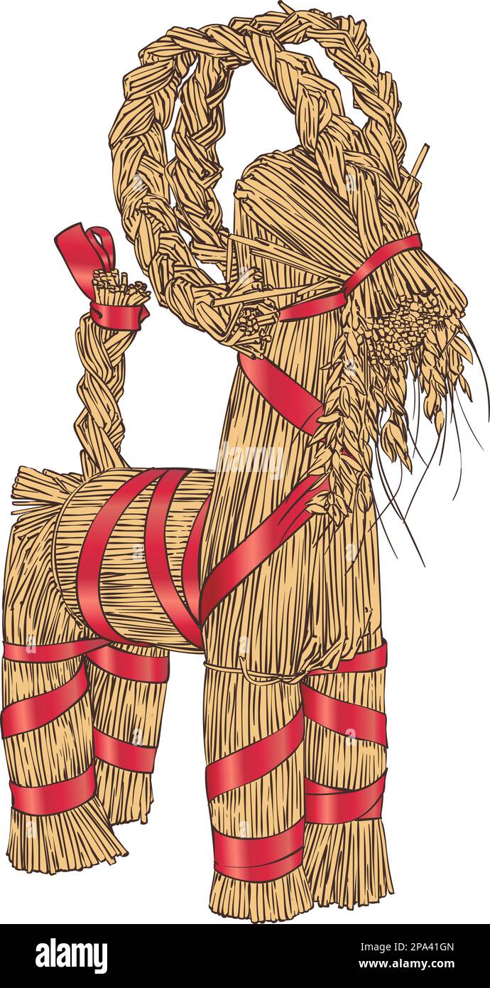 Vettore disegnato a mano Yule Goat o capra di Natale, scandinavo e nordeuropeo tradizionale decorazione natalizia, isolato su sfondo bianco detai Illustrazione Vettoriale