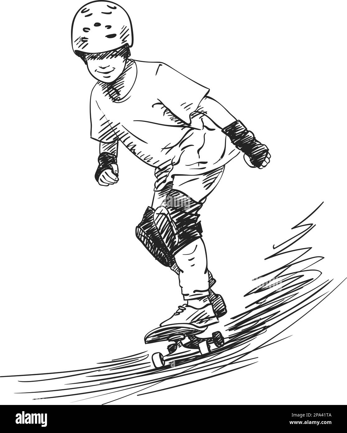 Schizzo dello skateboarder ragazzo in piena protezione e casco in sella allo skateboard nello skate Park, disegno a mano di sfumature tratteggiate vettore illustrazione isolata Illustrazione Vettoriale