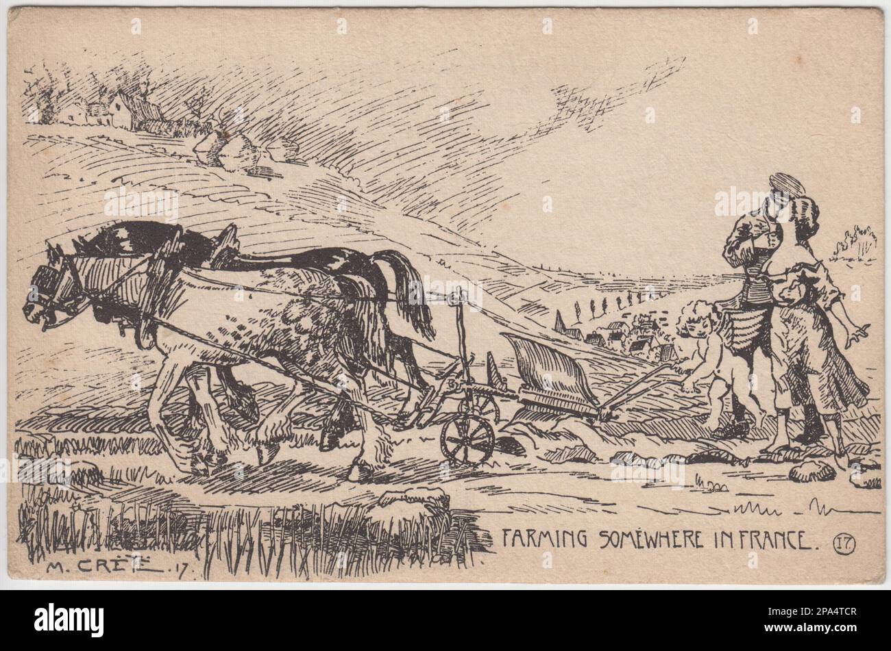 'Agricoltura da qualche parte in Francia', 1917: Cartoon della prima guerra mondiale di M. Crete. Mostra un soldato britannico che bacia Marianne, il simbolo della Francia, mentre un cupido alato arava un campo con un aratro disegnato da due cavalli. Un villaggio francese su una collina è sullo sfondo Foto Stock