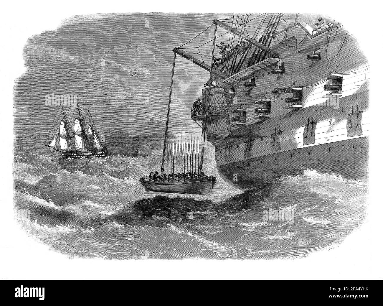 Davits iniziò ad essere introdotto nelle navi da guerra della Royal Navy alla fine del 18th° secolo e prese originariamente la forma di balli squadrati di legno. I sistemi di cavit sono utilizzati più spesso per abbassare una scialuppa di emergenza al livello di imbarco da salire a bordo e sono utilizzati anche come dispositivi di sicurezza uomo a bordo per recuperare il personale dall'acqua. Foto Stock