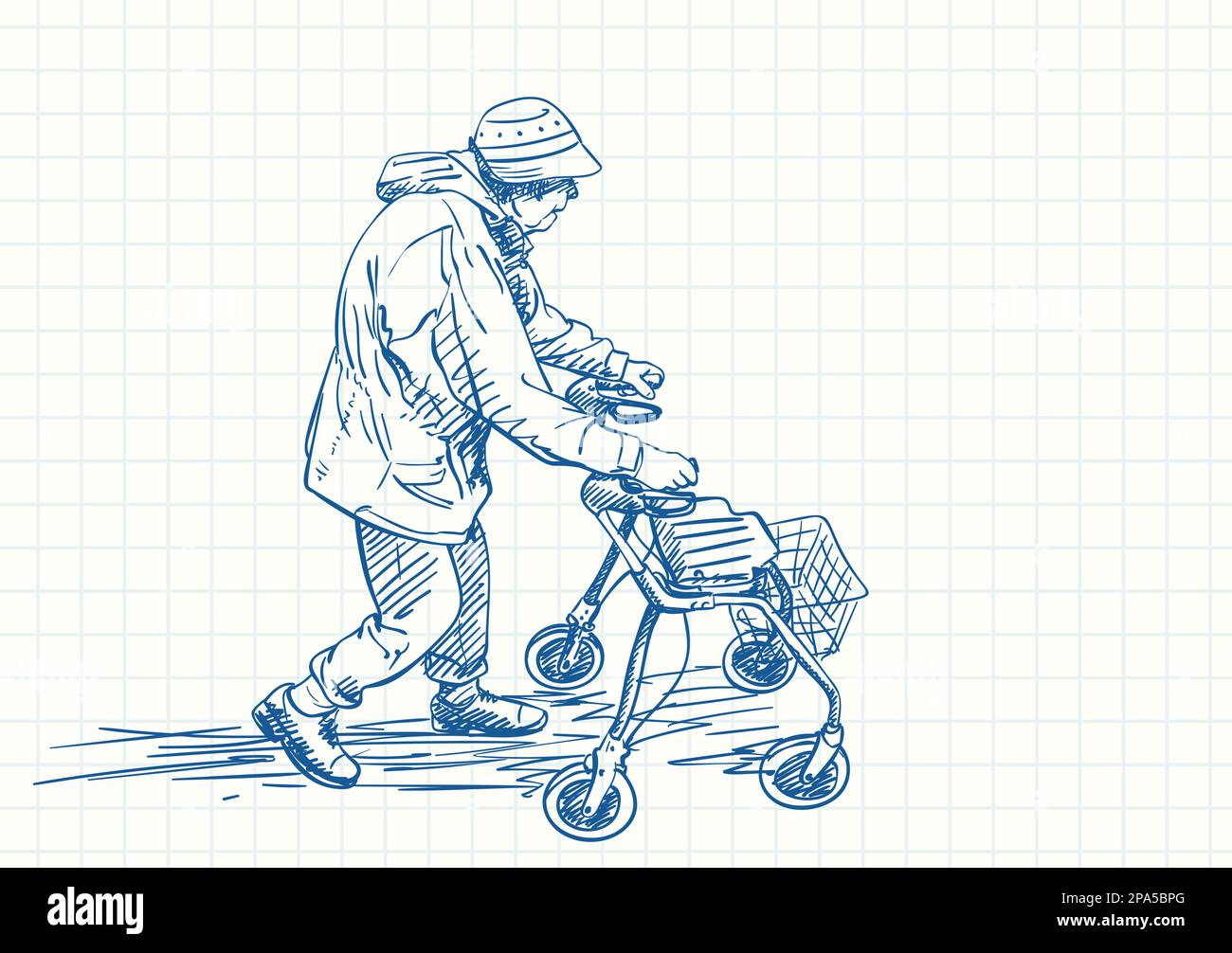 Donna anziana che cammina con la sua sedia a rotelle camminatore, disegno a penna blu sulla pagina del notebook a griglia quadrata, illustrazione vettoriale disegnata a mano Illustrazione Vettoriale