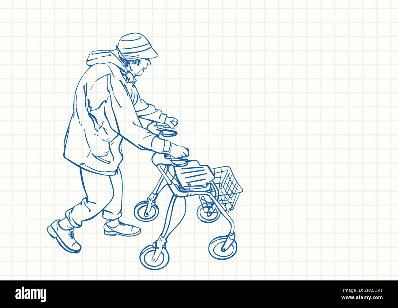Donna anziana che cammina con la sua sedia a rotelle camminatore, disegno a penna blu sulla pagina del notebook griglia quadrata, disegno vettoriale a mano lineare Illustrazione Vettoriale