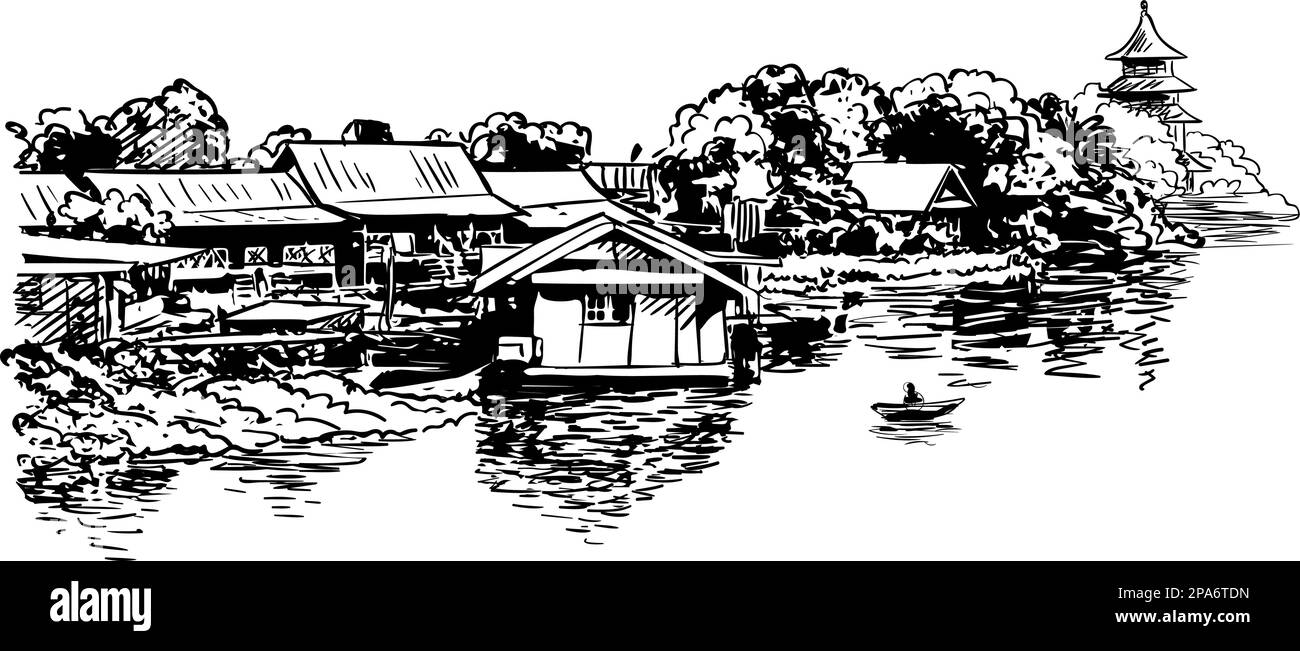 Schizzo delle case del villaggio, tempio buddista e barca sul fiume, illustrazione vettoriale disegnata a mano Illustrazione Vettoriale