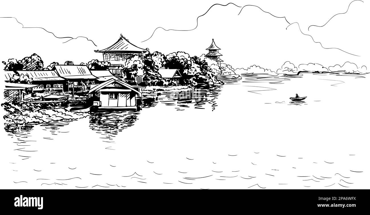 Schizzo del villaggio con templi buddisti sulla riva del fiume con barca da pesca e montagne sullo sfondo, paesaggio del sud-est asiatico, disegnata a mano v Illustrazione Vettoriale