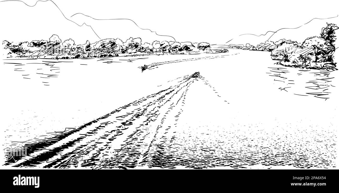 Schizzo delle rive del paesaggio fluviale, motoscafi sul fiume, disegno vettoriale a mano Illustrazione Vettoriale