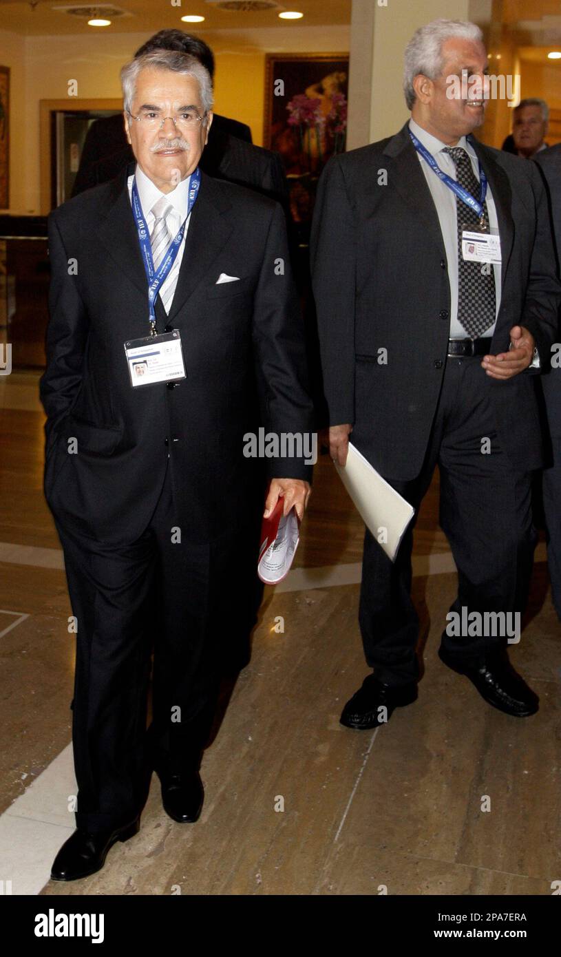 Saudi Arabia's oil minister Ali Naimi, left, and Qatar's Energy Minister Abdullah Bin Hamad Al Attiyah walk during a break of the International Energy Forum, in Rome, Tuesday, April 22, 2008. Government ministers from oil-rich nations and international oil company executives were meeting in Rome for a three-day energy conference that ends Tuesday. (AP Photo/Andrew Medichini) Foto Stock