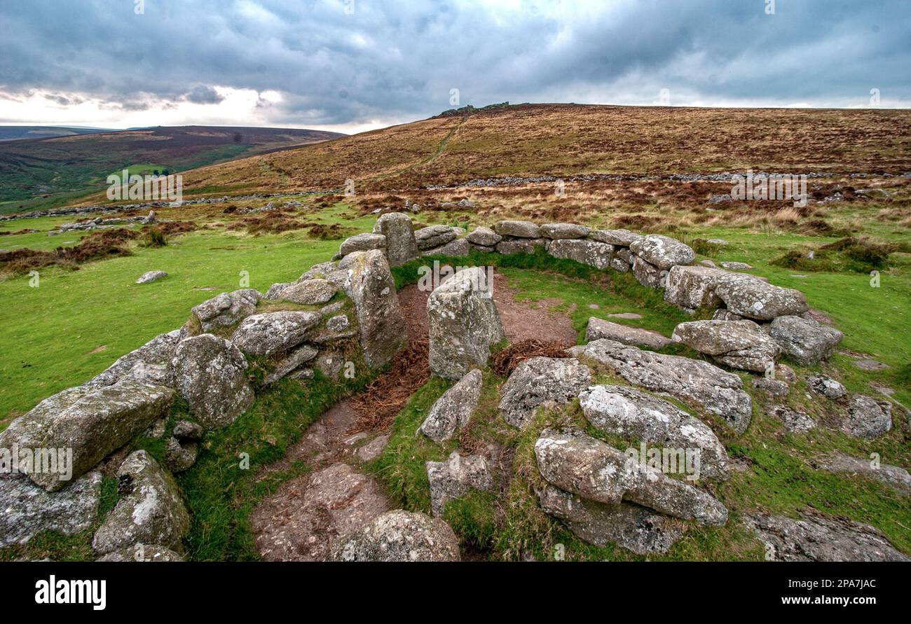 Resti di granito dei cerchi di capanne dell'età del bronzo a Grimspound nel centro di Dartmoor Devon, Regno Unito Foto Stock