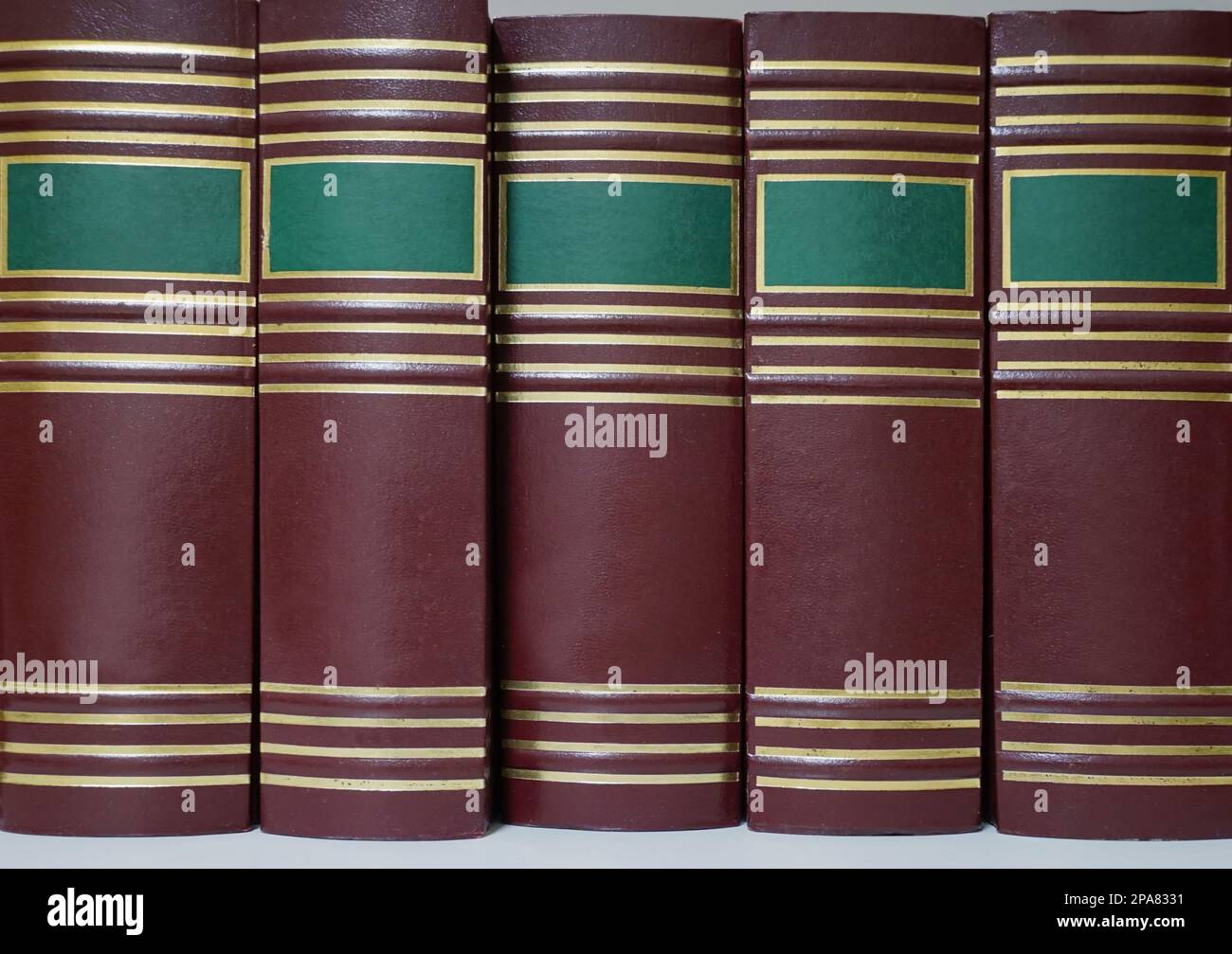 Copertina vuota di grandi libri rossi fiancheggiati su una libreria con rettangolo verde per il titolo Foto Stock