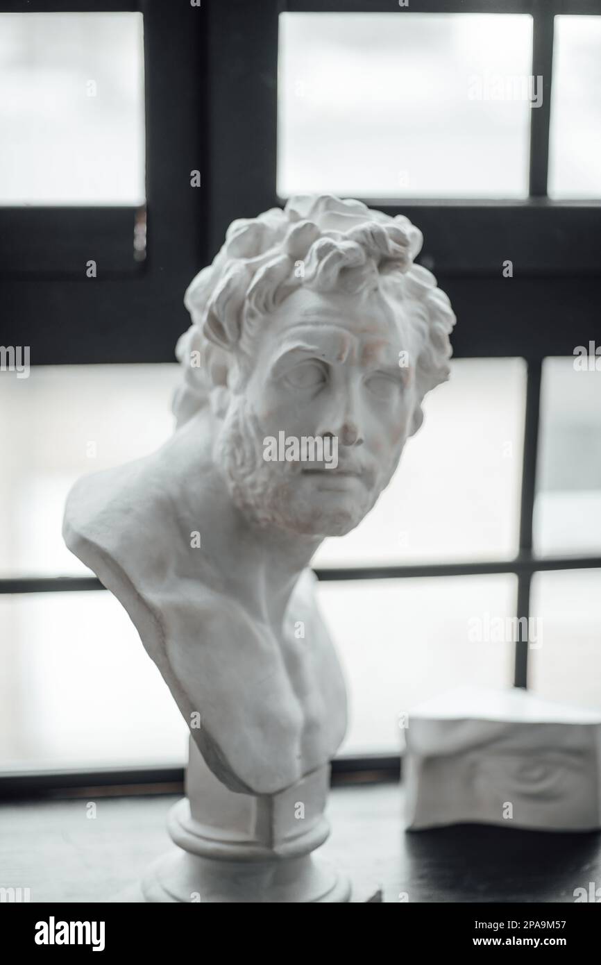 Oggetti d'arte per la mostra di pittura classica e contemporanea scultura retrò e ceramica. Illustrazioni a mano statue in gesso busto e sh astratto Foto Stock