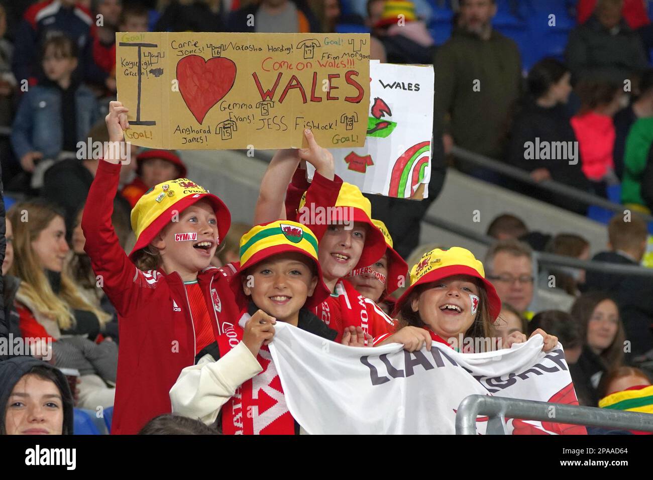 Tifosi gallesi al Cardiff City Stadium, giovani tifosi che indossano cappelli da secchio che tengono un cartello scritto a mano Foto Stock