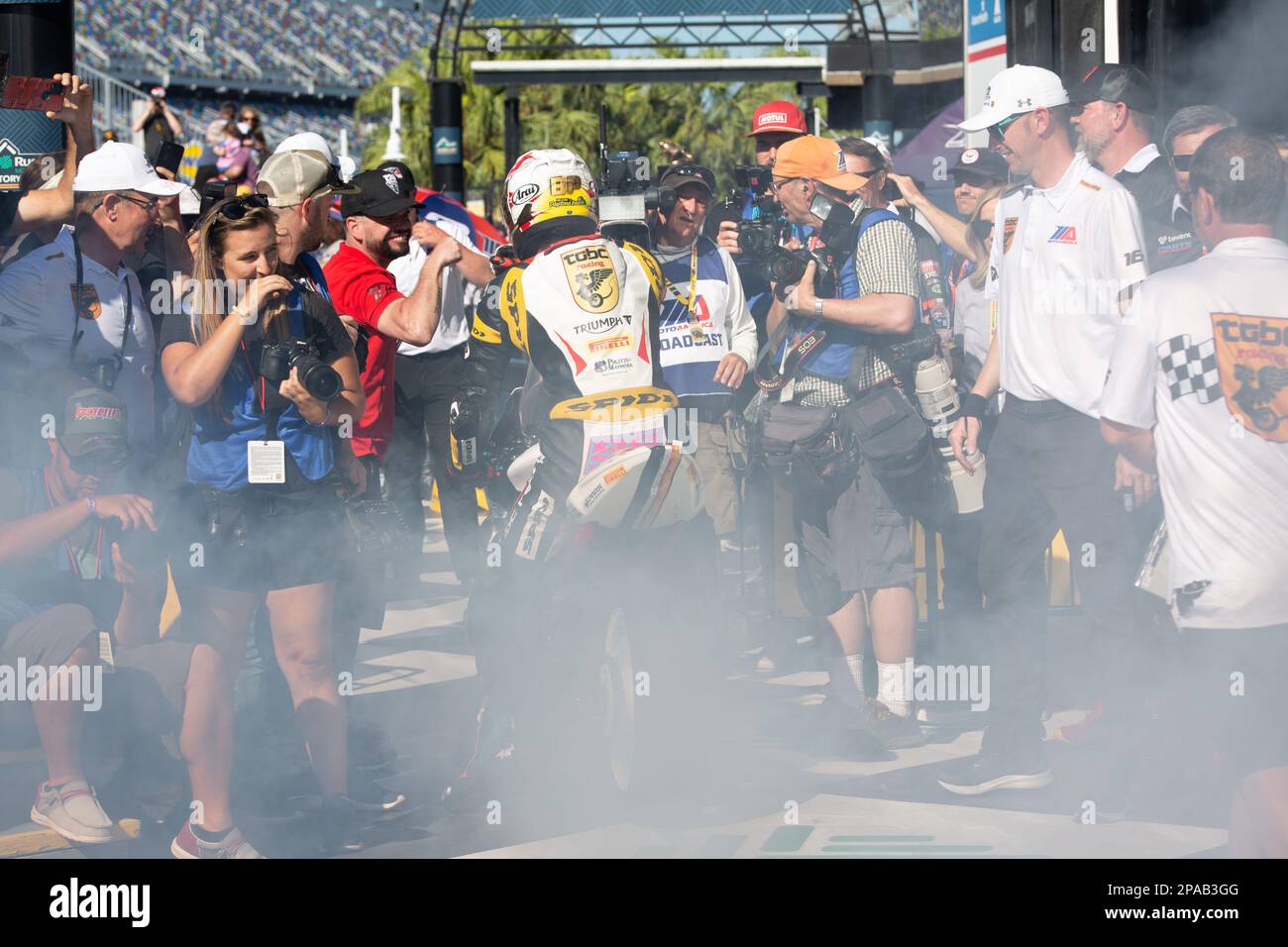 Daytona Beach, Florida, Stati Uniti. 11th marzo 2023. Podio. 1st Josh Herrin, 2nd Joshua Hayes, 3rd Cameron Petersen durante Daytona 200 alla Bike Week presentata da Monster Energy al Daytona International Speedway di Daytona Beach, Florida. 2023. Credit: Yaroslav Sabitov/Yes Market Media/Alamy Live News Foto Stock