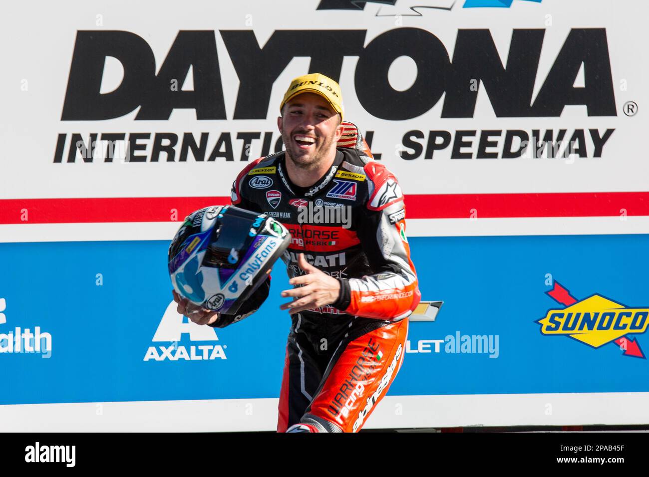 Daytona Beach, Florida, Stati Uniti. 11th marzo 2023. Podio. 1st Josh Herrin, 2nd Joshua Hayes, 3rd Cameron Petersen durante Daytona 200 alla Bike Week presentata da Monster Energy al Daytona International Speedway di Daytona Beach, Florida. 2023. Credit: Yaroslav Sabitov/Yes Market Media/Alamy Live News Foto Stock