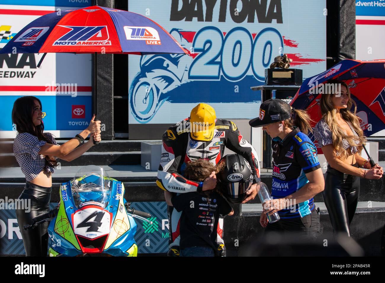 Daytona Beach, Florida, Stati Uniti. 11th marzo 2023. Podio. 1st Josh Herrin, 2nd Joshua Hayes, 3rd Cameron Petersen durante Daytona 200 alla Bike Week presentata da Monster Energy al Daytona International Speedway di Daytona Beach, Florida. 2023. Credit: Yaroslav Sabitov/Yes Market Media/Alamy Live News Foto Stock