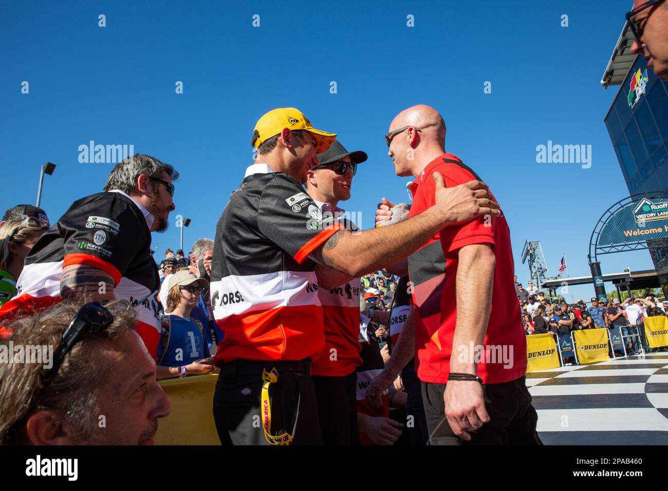 Daytona Beach, Florida, Stati Uniti. 11th marzo 2023. Podio. 1st Josh Herrin, 2nd Joshua Hayes, 3rd Cameron Petersen durante Daytona 200 alla Bike Week presentata da Monster Energy al Daytona International Speedway di Daytona Beach, Florida. 2023. Credit: Yaroslav Sabitov/Yes Market Media/Alamy Live News Foto Stock