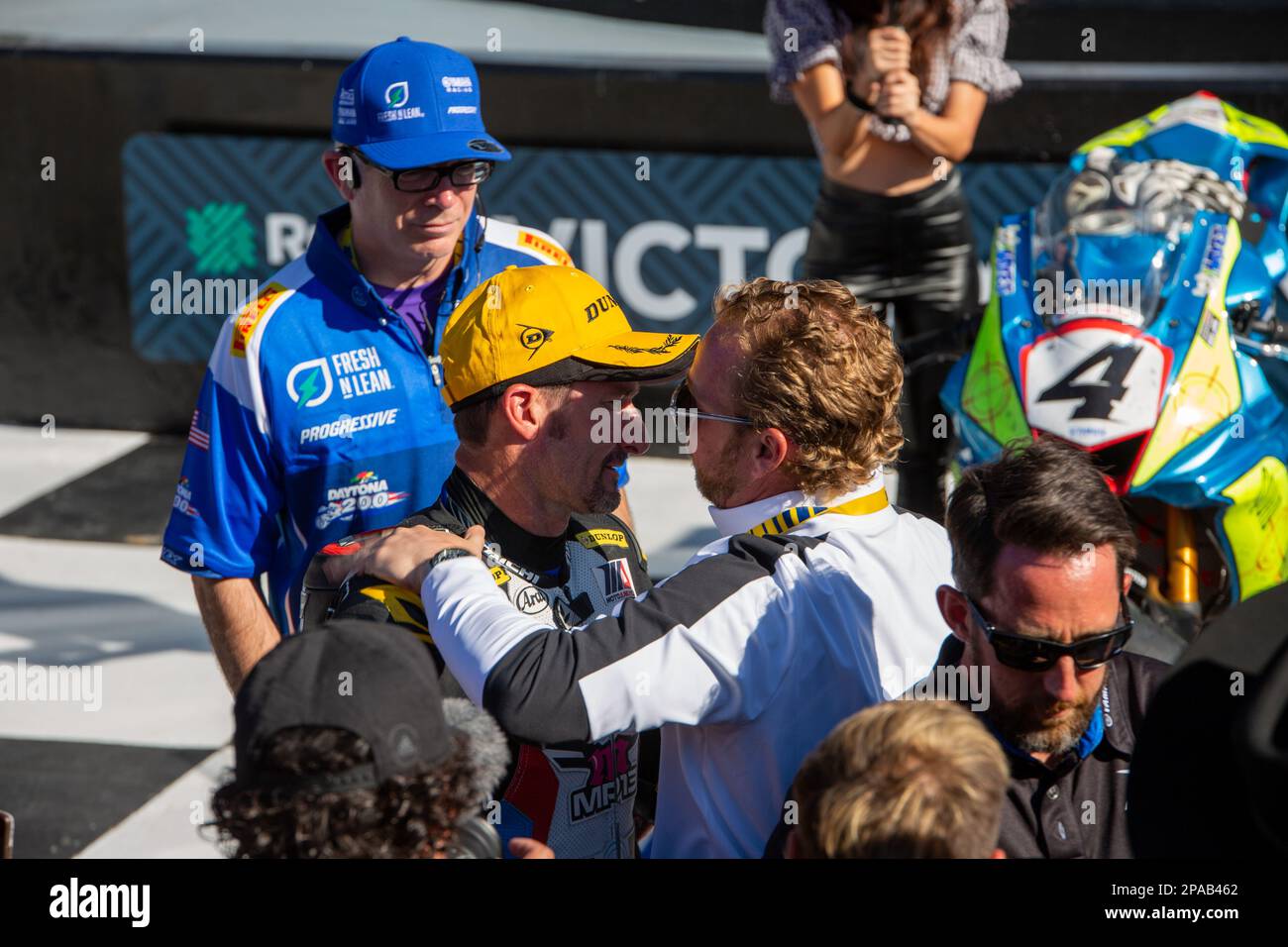 Daytona Beach, Florida, Stati Uniti. 11th marzo 2023. Podio. 1st Josh Herrin, 2nd Joshua Hayes, 3rd Cameron Petersen durante Daytona 200 alla Bike Week presentata da Monster Energy al Daytona International Speedway di Daytona Beach, Florida. 2023. Credit: Yaroslav Sabitov/Yes Market Media/Alamy Live News Foto Stock