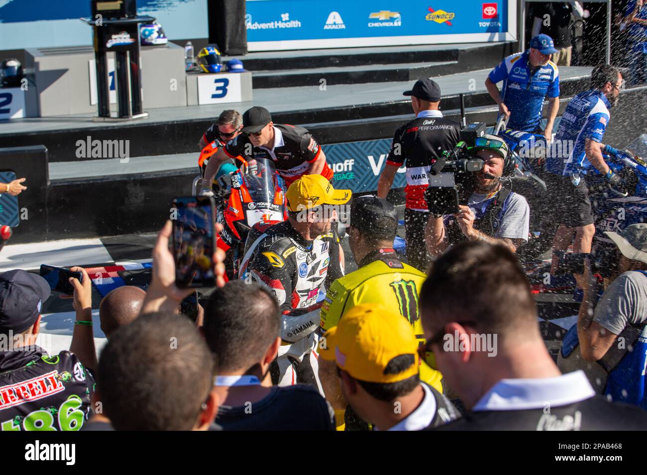 Daytona Beach, Florida, Stati Uniti. 11th marzo 2023. Podio. 1st Josh Herrin, 2nd Joshua Hayes, 3rd Cameron Petersen durante Daytona 200 alla Bike Week presentata da Monster Energy al Daytona International Speedway di Daytona Beach, Florida. 2023. Credit: Yaroslav Sabitov/Yes Market Media/Alamy Live News Foto Stock