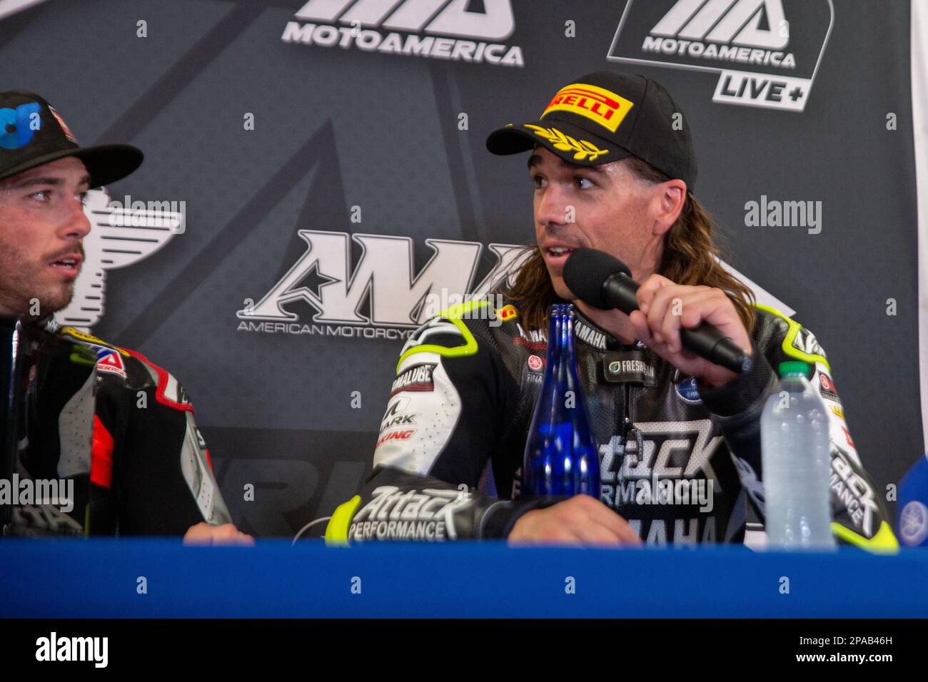 Daytona Beach, Florida, Stati Uniti. 11th marzo 2023. Podio. 1st Josh Herrin, 2nd Joshua Hayes, 3rd Cameron Petersen durante Daytona 200 alla Bike Week presentata da Monster Energy al Daytona International Speedway di Daytona Beach, Florida. 2023. Credit: Yaroslav Sabitov/Yes Market Media/Alamy Live News Foto Stock