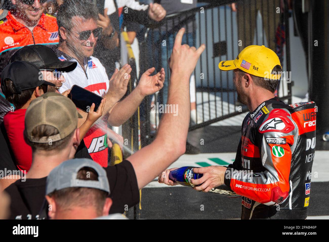 Daytona Beach, Florida, Stati Uniti. 11th marzo 2023. Podio. 1st Josh Herrin, 2nd Joshua Hayes, 3rd Cameron Petersen durante Daytona 200 alla Bike Week presentata da Monster Energy al Daytona International Speedway di Daytona Beach, Florida. 2023. Credit: Yaroslav Sabitov/Yes Market Media/Alamy Live News Foto Stock