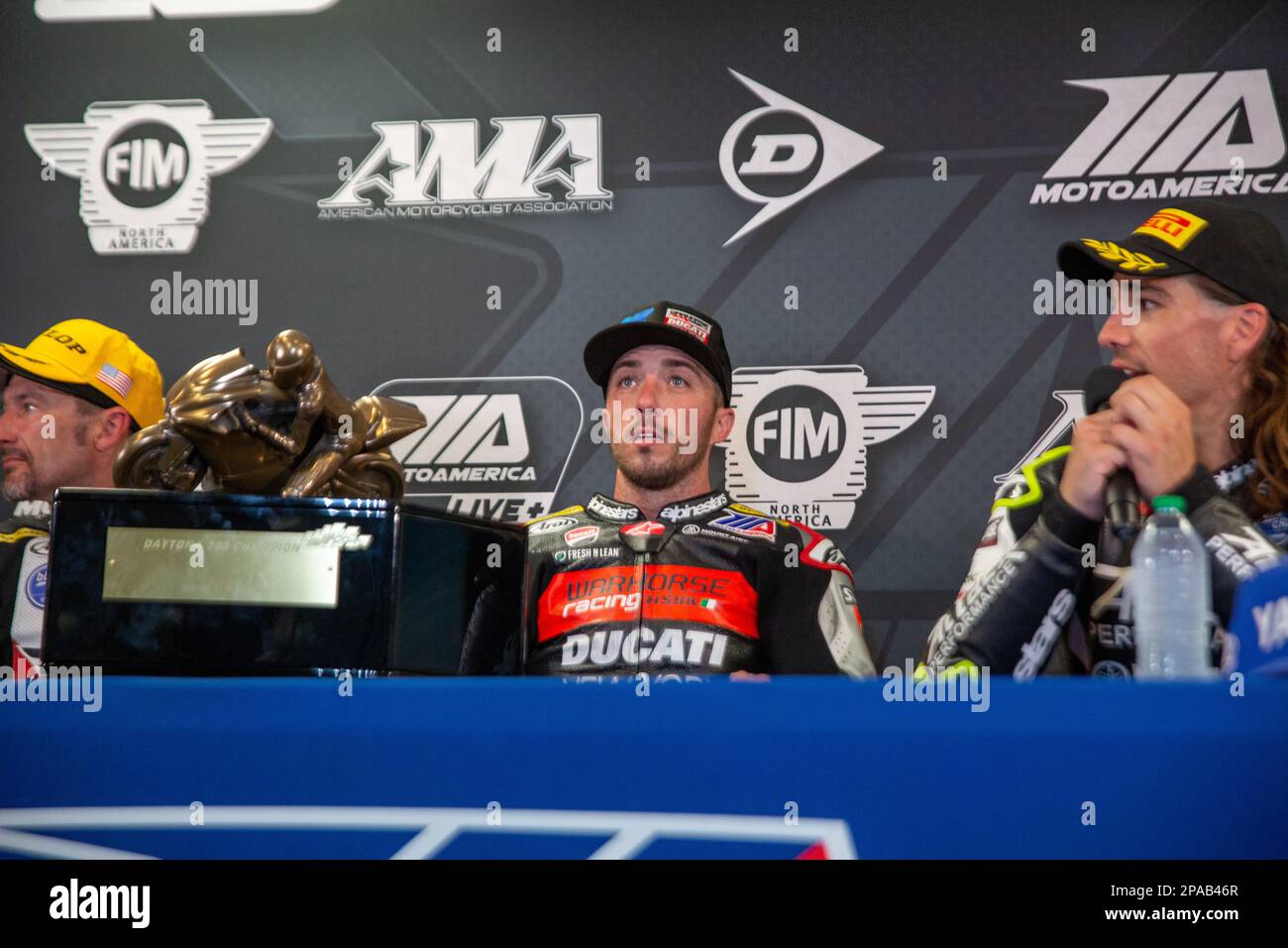 Daytona Beach, Florida, Stati Uniti. 11th marzo 2023. Podio. 1st Josh Herrin, 2nd Joshua Hayes, 3rd Cameron Petersen durante Daytona 200 alla Bike Week presentata da Monster Energy al Daytona International Speedway di Daytona Beach, Florida. 2023. Credit: Yaroslav Sabitov/Yes Market Media/Alamy Live News Foto Stock