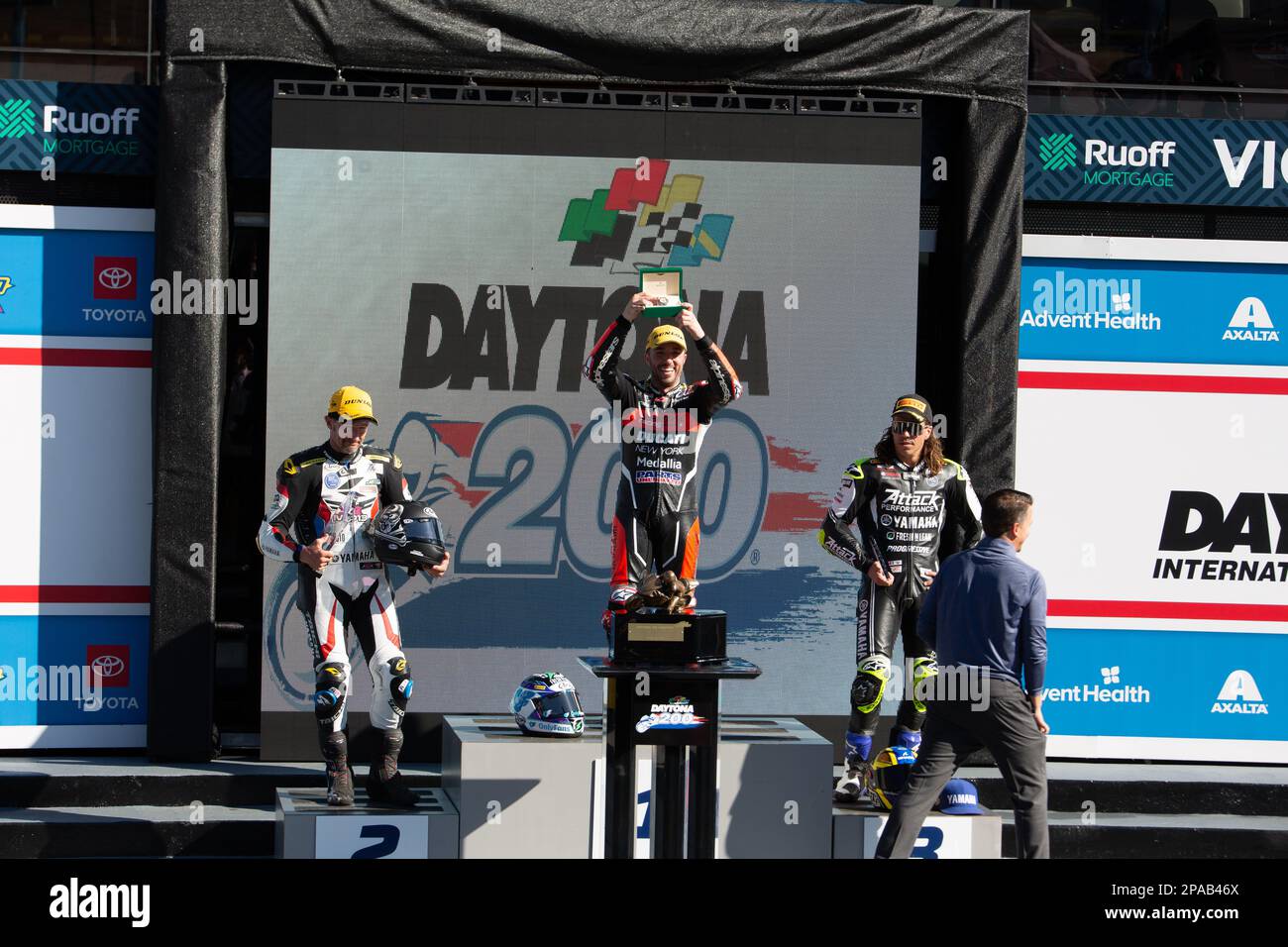 Daytona Beach, Florida, Stati Uniti. 11th marzo 2023. Podio. 1st Josh Herrin, 2nd Joshua Hayes, 3rd Cameron Petersen durante Daytona 200 alla Bike Week presentata da Monster Energy al Daytona International Speedway di Daytona Beach, Florida. 2023. Credit: Yaroslav Sabitov/Yes Market Media/Alamy Live News Foto Stock