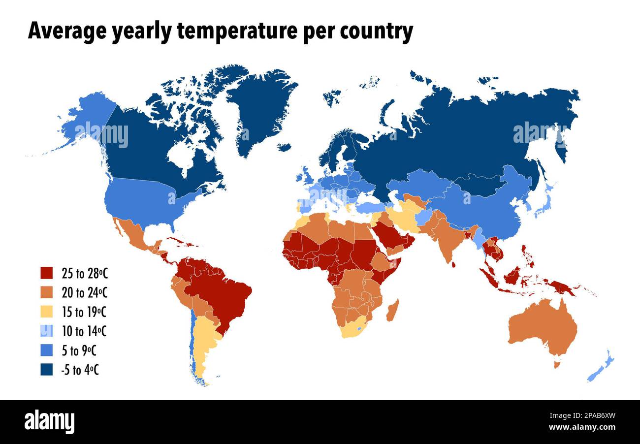 Mappa mondiale con temperatura media annuale per paese Foto Stock