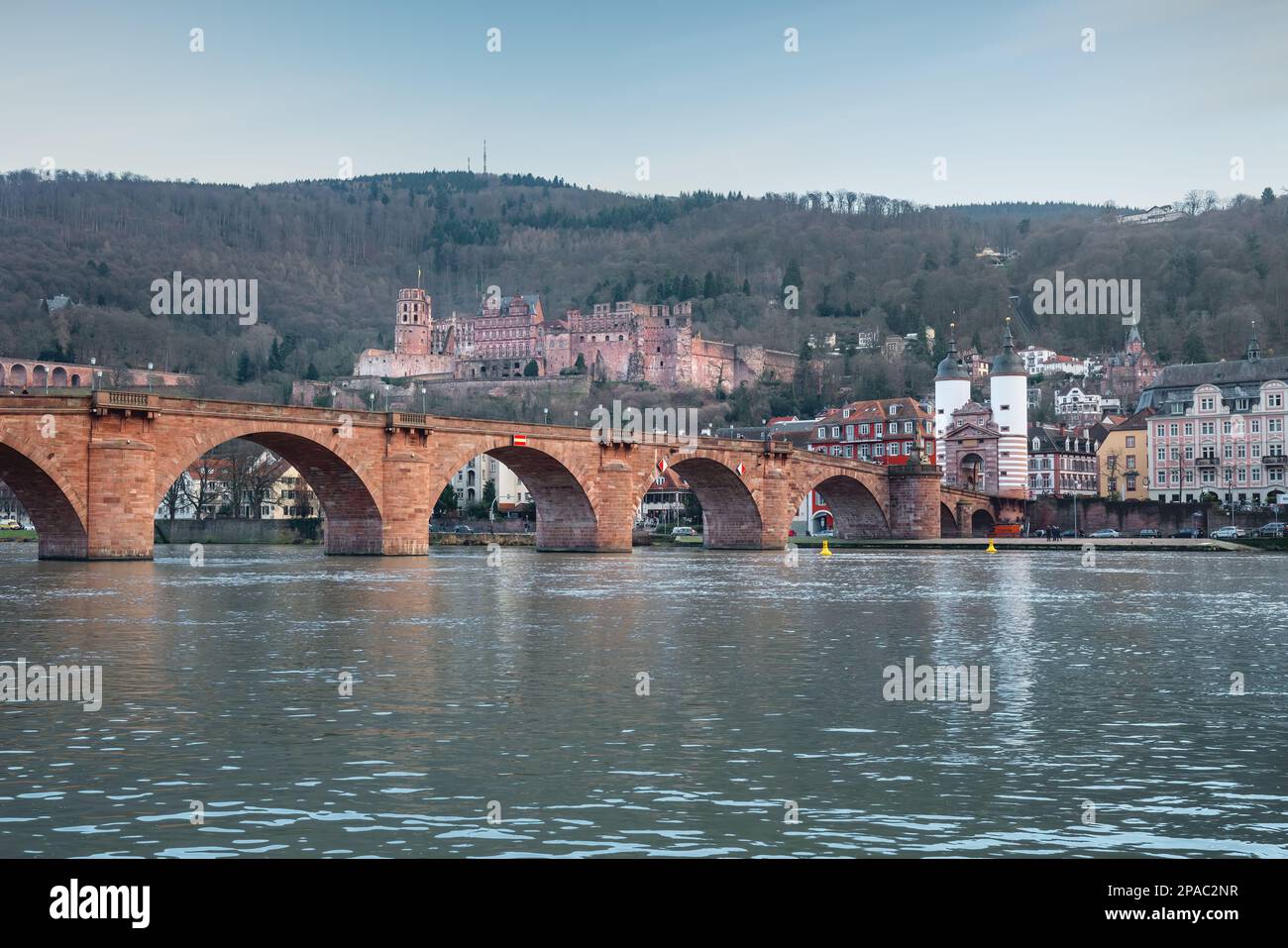 Fiume Neckar, Ponte Vecchio (Alte Brucke) e Castello di Heidelberg - Heidelberg, Germania Foto Stock