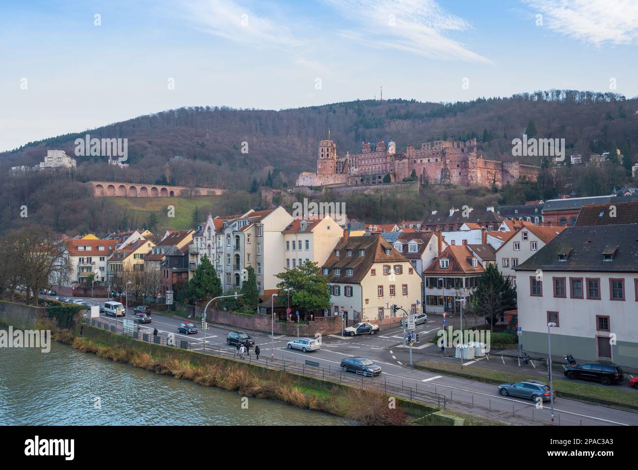 Skyline del fiume Neckar e Castello di Heidelberg - Heidelberg, Germania Foto Stock