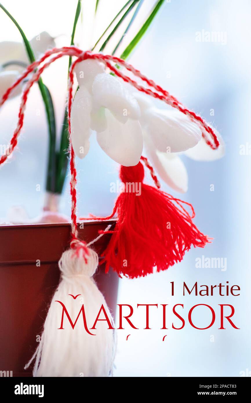 Martisor e gocce di neve Galanthus nivalis. Cartolina per le vacanze di primavera e Baba Marta. Ciao primavera. Talismano rosso e bianco di amicizia e di amore. Foto Stock