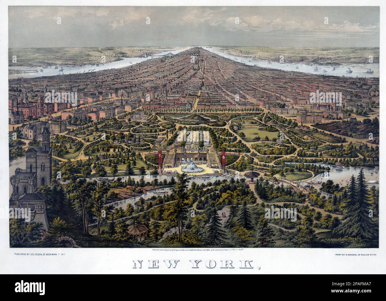 1873 , NEW YORK , USA : The AERIAL vue of NEW YORK , stampa di G. Schlegel . - CENTRAL PARK - incisione - incisione - FOTO STORICHE - STORIA - GEOGRAFIA - GEOGRAFIA - STATI Uniti d'AMERICA - CENTRAL PARK - paesaggio - paesaggio - veduta - giardino - giardino - parco pubblico - 4th AVENUE --- Archivio GBB Foto Stock